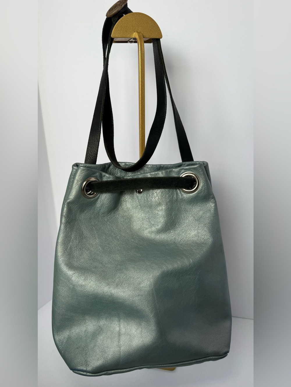 Vintage Metallic seafoam Leather Drawstring Bucket Bag From France